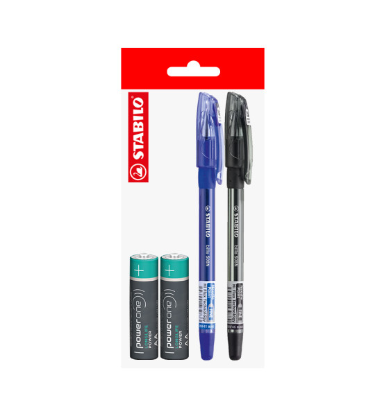 Pack: 2x Boligráfo Bille NF STABILO + 2x Pilas AA POWER ONE, Pack x 4 Unds.